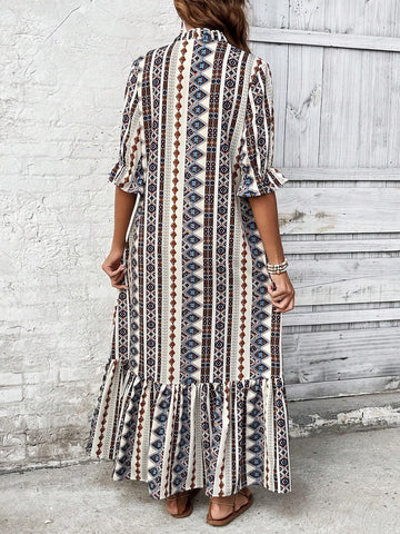 Women's Vacation Geometric Printed Ruffle Hem Dress With Flounce Sleeves