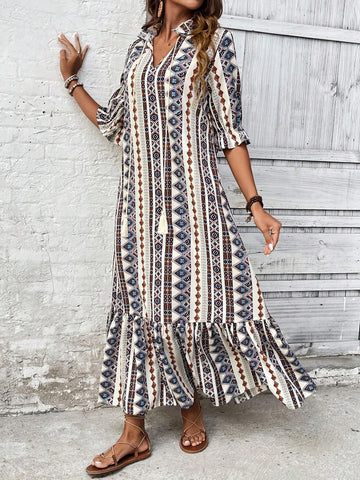 Women's Vacation Geometric Printed Ruffle Hem Dress With Flounce Sleeves