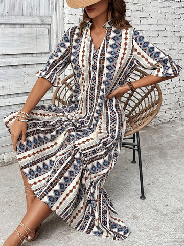 Women's Vacation Geometric Printed Ruffle Hem Dress With Flounce Sleeves
