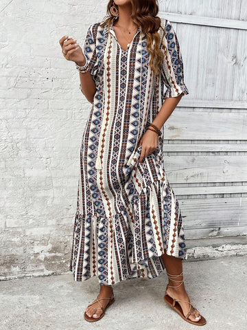 Women's Vacation Geometric Printed Ruffle Hem Dress With Flounce Sleeves