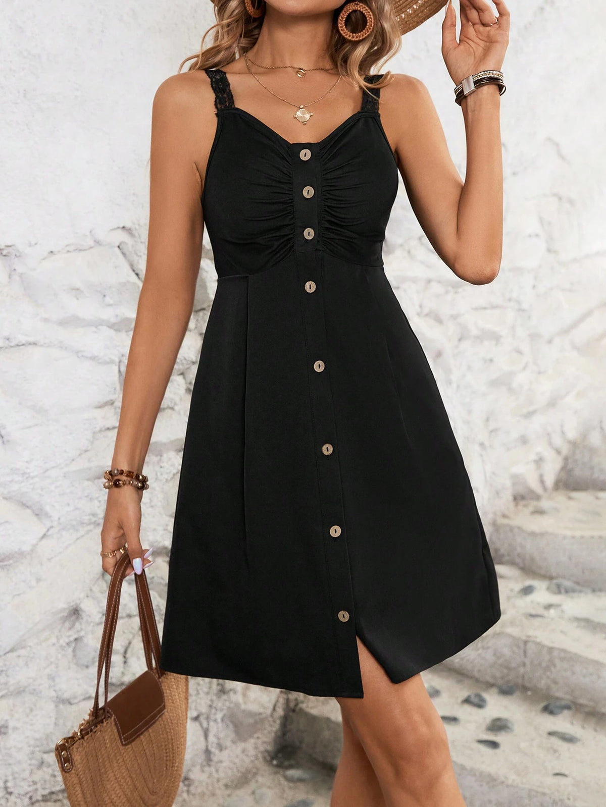 Women's Vacation Leisure Lace Strap Front Button Cami Dress