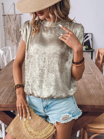 LUNE Women's Vacation Metal Fabric Ruched Short Sleeve Shirt With Back Tie