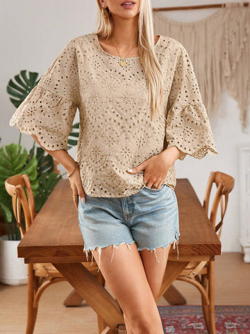 LUNE Women's Vacation Round Neck Flare Sleeve Lace Embroidered Blouse