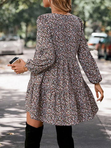 Women's Vacation Style Floral V-Neck Lantern Sleeve Ruffle Hem Short Dress