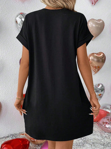 Women's Valentine's Day Heart Pattern Printed Pocket Design Batwing Sleeve Dress
