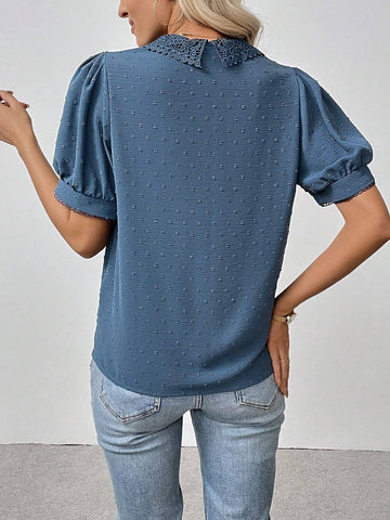 LUNE Women's Versatile Textured Floral Lace Collar Floral Button Front Short Sleeve Splice Lace Blouse