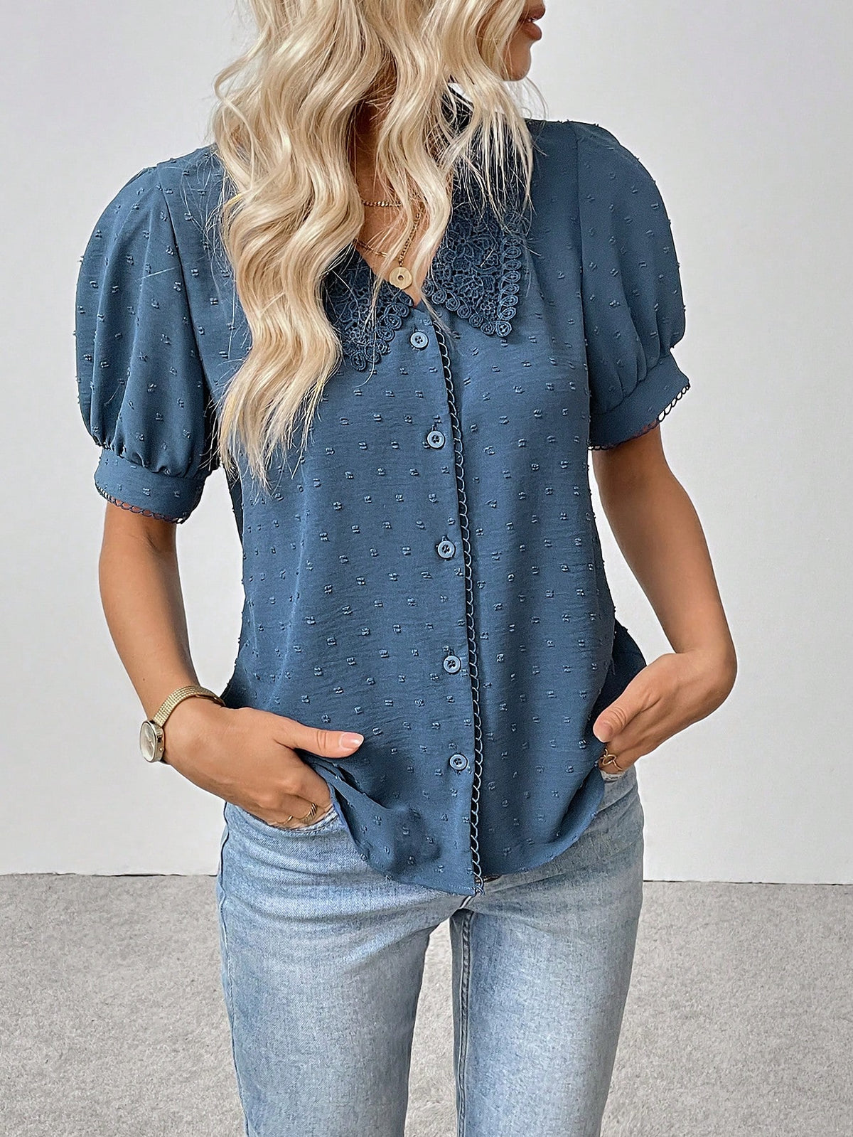 LUNE Women's Versatile Textured Floral Lace Collar Floral Button Front Short Sleeve Splice Lace Blouse