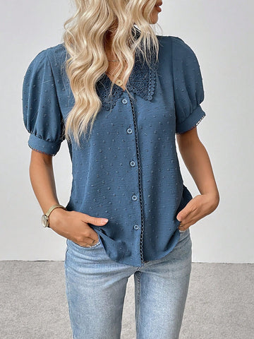 LUNE Women's Versatile Textured Floral Lace Collar Floral Button Front Short Sleeve Splice Lace Blouse