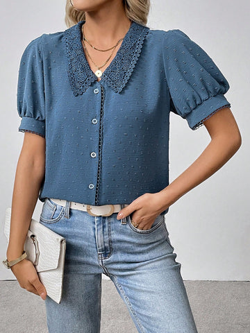 LUNE Women's Versatile Textured Floral Lace Collar Floral Button Front Short Sleeve Splice Lace Blouse