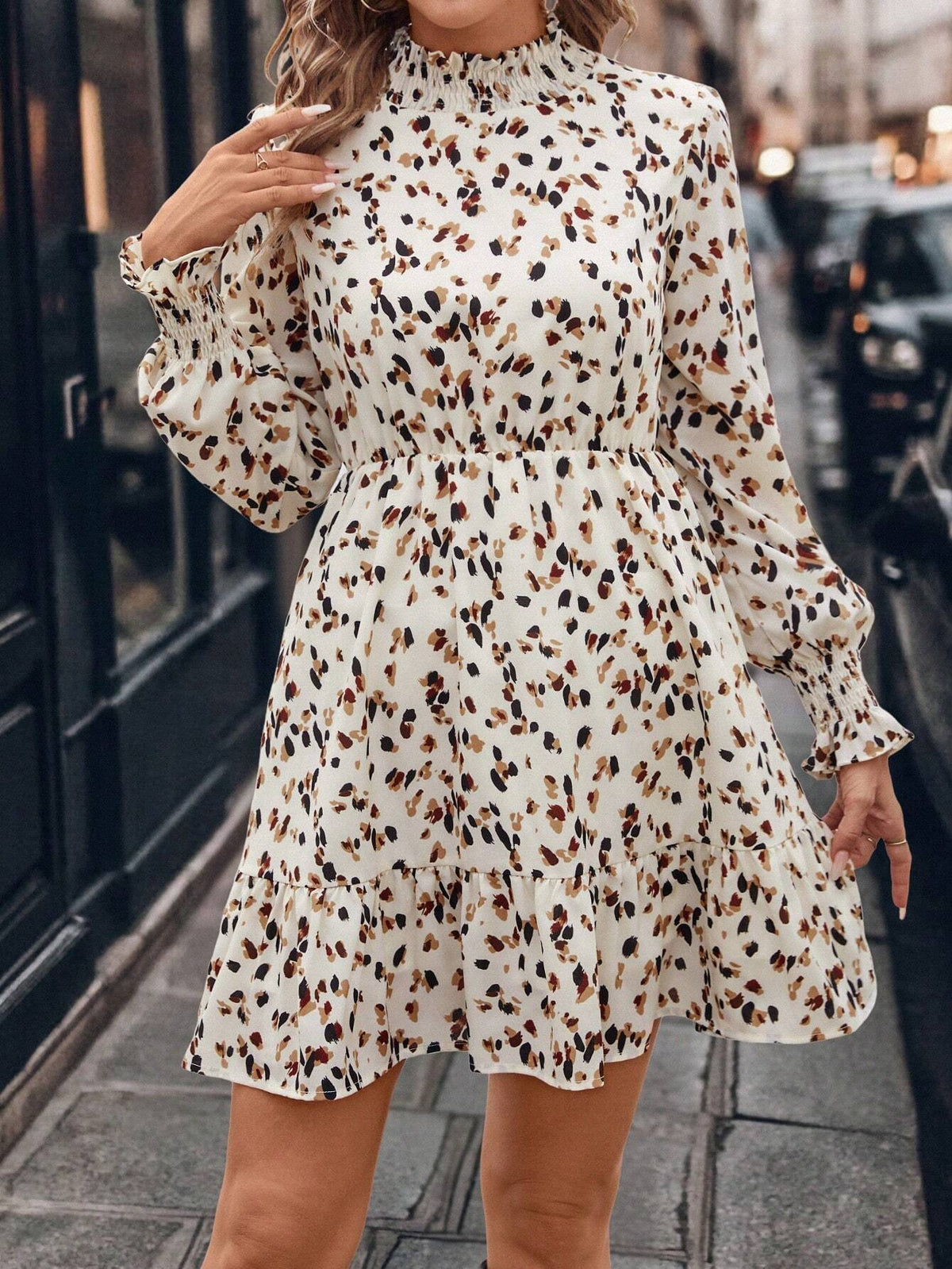 Women's Vintage Leopard Print Short Dress, Stand Collar, Puff Lantern Sleeves, Ruffle Trim, Elastic