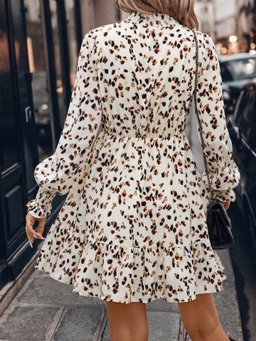 Women's Vintage Leopard Print Short Dress, Stand Collar, Puff Lantern Sleeves, Ruffle Trim, Elastic