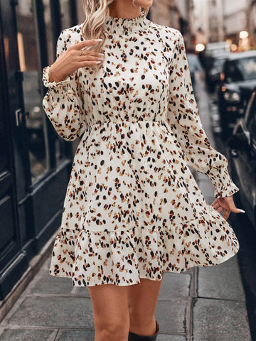 Women's Vintage Leopard Print Short Dress, Stand Collar, Puff Lantern Sleeves, Ruffle Trim, Elastic