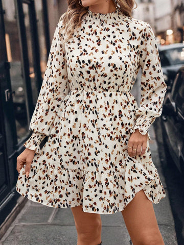 Women's Vintage Leopard Print Short Dress, Stand Collar, Puff Lantern Sleeves, Ruffle Trim, Elastic