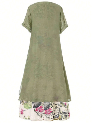 Women's Vintage Tropical Plant Printed Round Neck Short Sleeve Holiday Two-Piece Dress