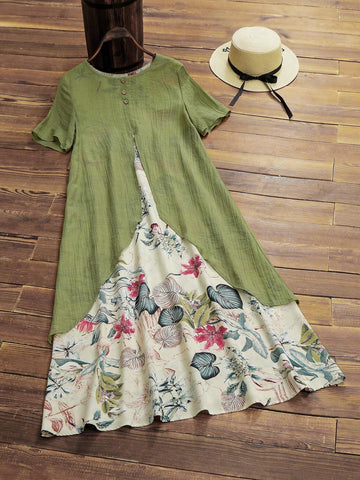 Women's Vintage Tropical Plant Printed Round Neck Short Sleeve Holiday Two-Piece Dress