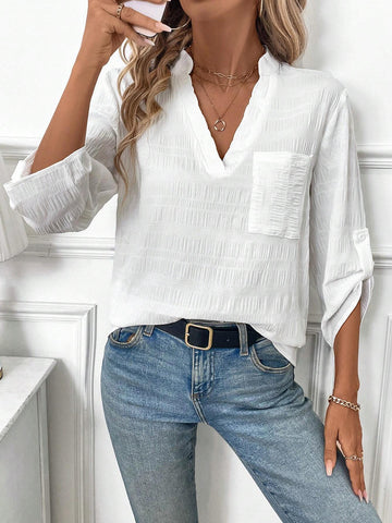 LUNE Women's White Textured Spring Style Notch Collar Casual Shirt With Pockets