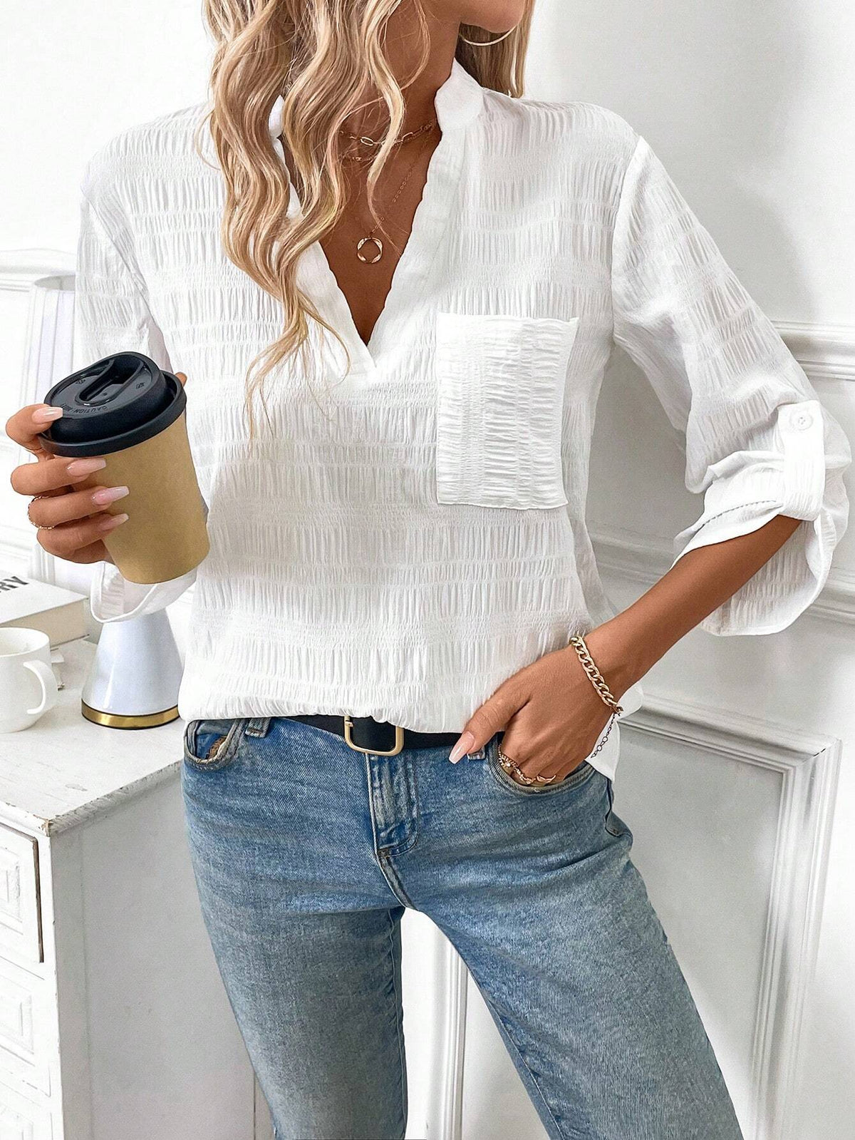 LUNE Women's White Textured Spring Style Notch Collar Casual Shirt With Pockets