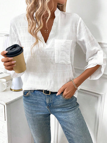 LUNE Women's White Textured Spring Style Notch Collar Casual Shirt With Pockets