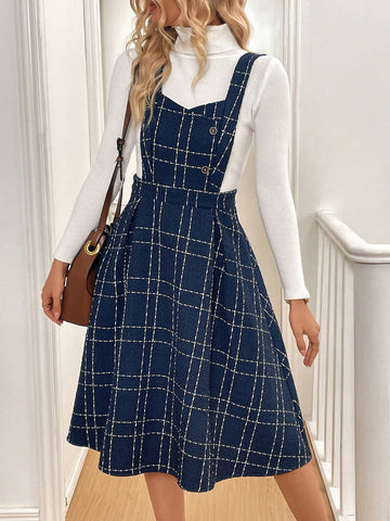 Women's Wide Strap Sweetheart Collar Button Front Plaid Casual Dress, Resort Wear