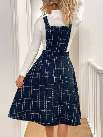 Women's Wide Strap Sweetheart Collar Button Front Plaid Casual Dress, Resort Wear