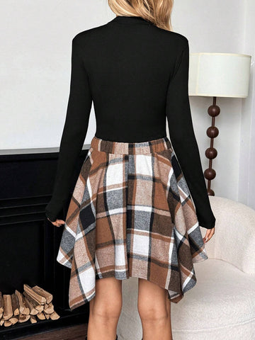 Women's Winter Office Dress, Airport Outfit, Tight Fitting Flannel Plaid Black Short Dress