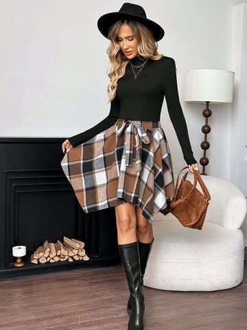 Women's Winter Office Dress, Airport Outfit, Tight Fitting Flannel Plaid Black Short Dress
