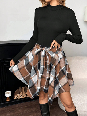 Women's Winter Office Dress, Airport Outfit, Tight Fitting Flannel Plaid Black Short Dress