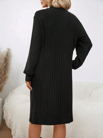 Women's Winter Plush Ribbed Turtleneck Lantern Sleeve Short Knit Dress
