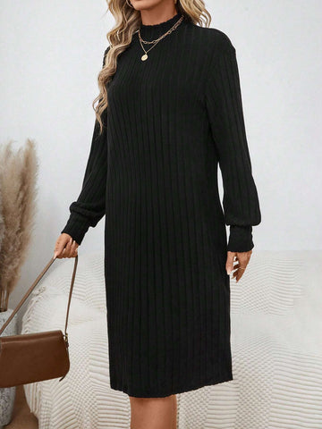 Women's Winter Plush Ribbed Turtleneck Lantern Sleeve Short Knit Dress