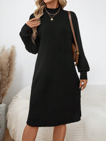 Women's Winter Plush Ribbed Turtleneck Lantern Sleeve Short Knit Dress