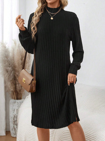 Women's Winter Plush Ribbed Turtleneck Lantern Sleeve Short Knit Dress