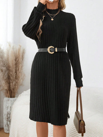 Women's Winter Plush Ribbed Turtleneck Lantern Sleeve Short Knit Dress