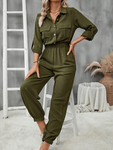 Workwear Style Lapel Pocket Women's Jumpsuit