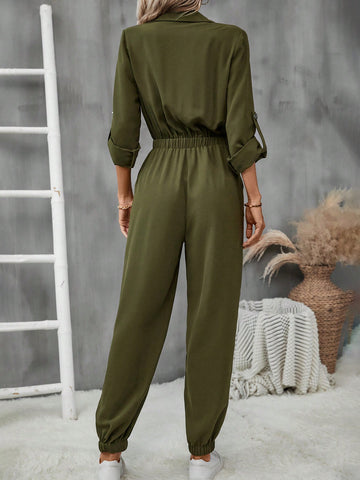 Workwear Style Lapel Pocket Women's Jumpsuit