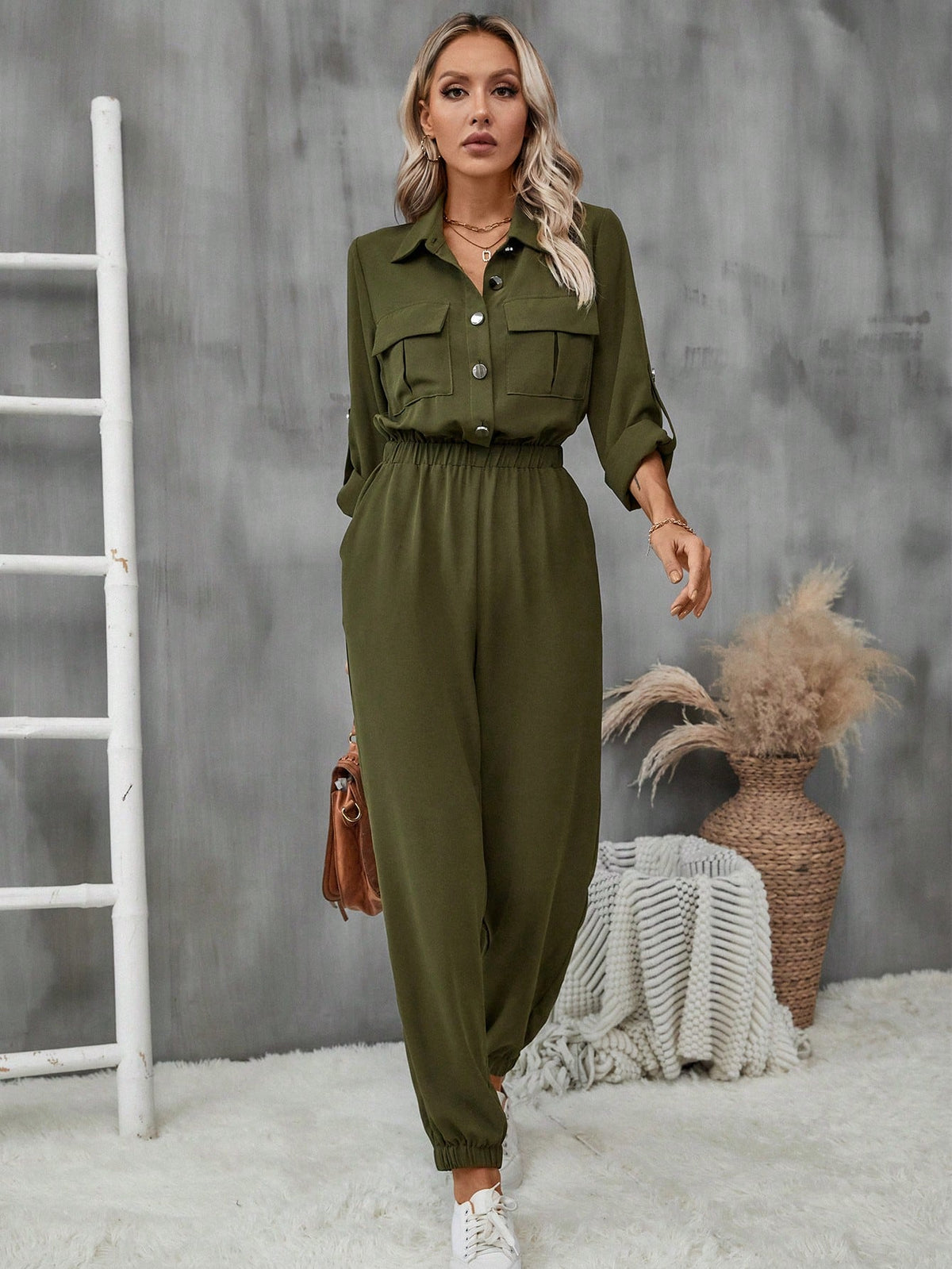 Workwear Style Lapel Pocket Women's Jumpsuit