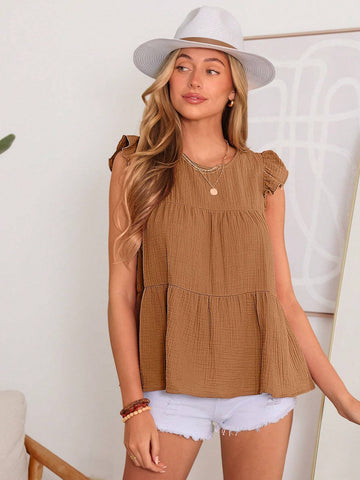 LUNE Woven Solid Color Round Neck Cap Sleeve Loose Comforta Cotton Casual Shirt With Pleated Fabric
