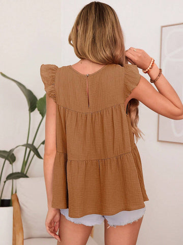 LUNE Woven Solid Color Round Neck Cap Sleeve Loose Comforta Cotton Casual Shirt With Pleated Fabric