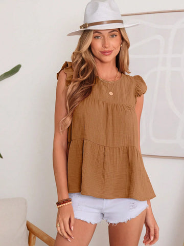 LUNE Woven Solid Color Round Neck Cap Sleeve Loose Comforta Cotton Casual Shirt With Pleated Fabric