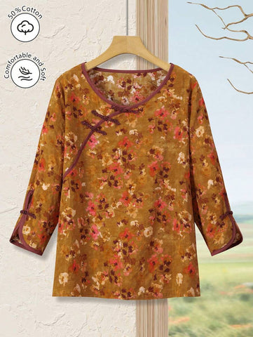 Women's Chinese Style Cotton Printed Vintage Button Up Shirt