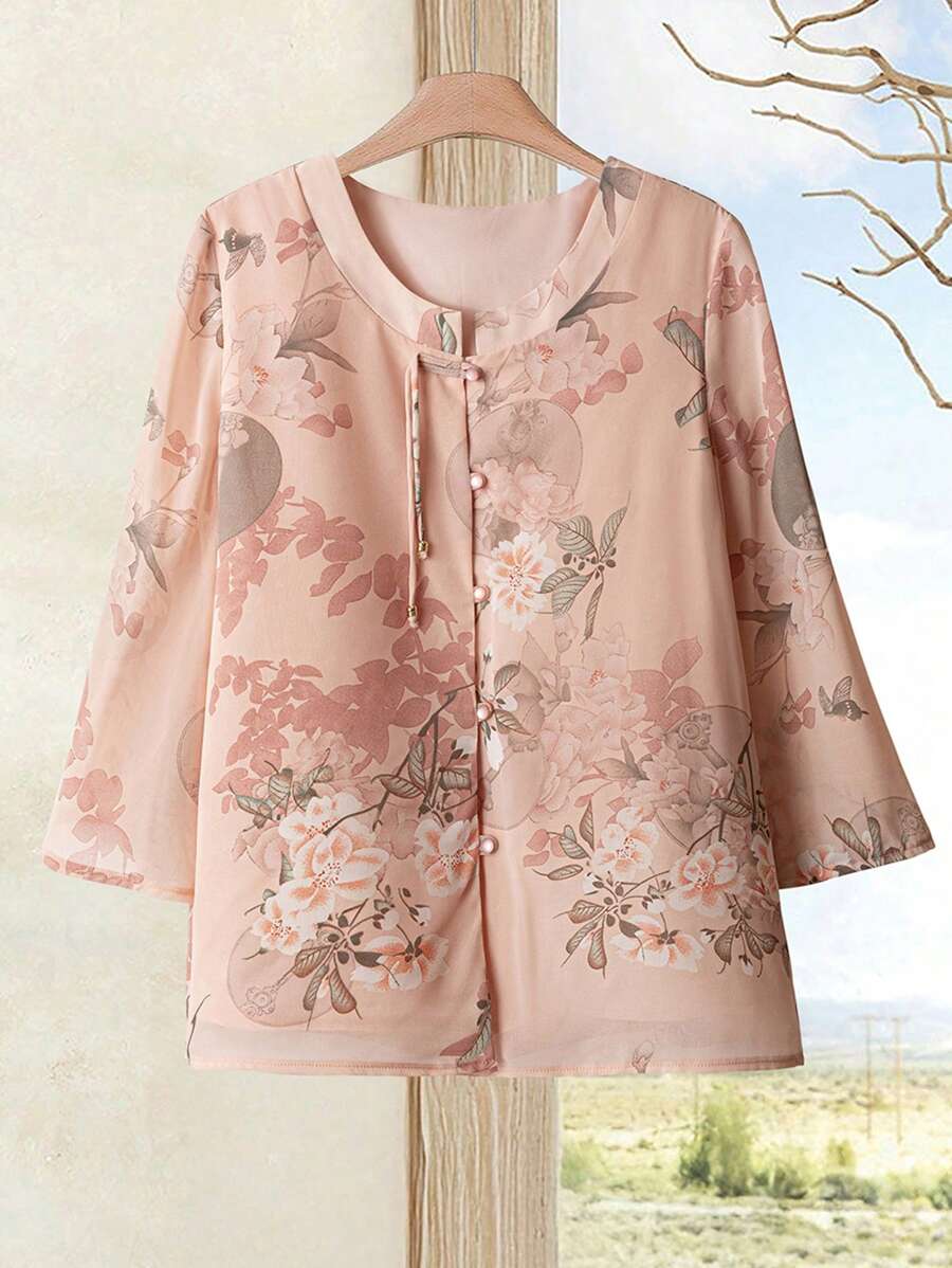 Women's Floral Print Front Button Elegant Vintage Shirt
