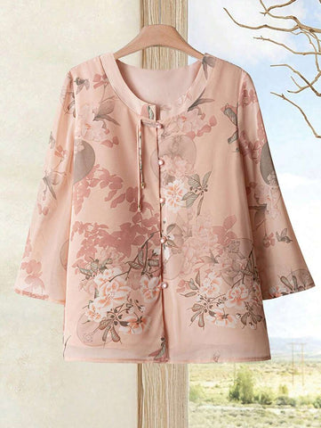 Women's Floral Print Front Button Elegant Vintage Shirt