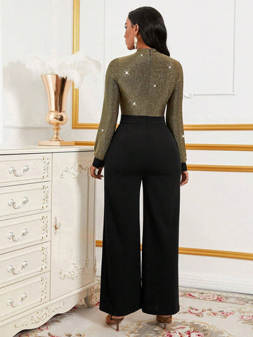 Elegant Commuter Sparkling Patchwork Hollow-Out Jumpsuit