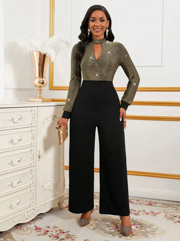 Elegant Commuter Sparkling Patchwork Hollow-Out Jumpsuit