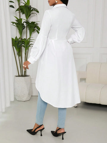 Ladiora Fashion Versatile Turndown Collar Pleated Waist Lantern Sleeve Front Short Back Long Single Breasted White Shirt Dress For Women