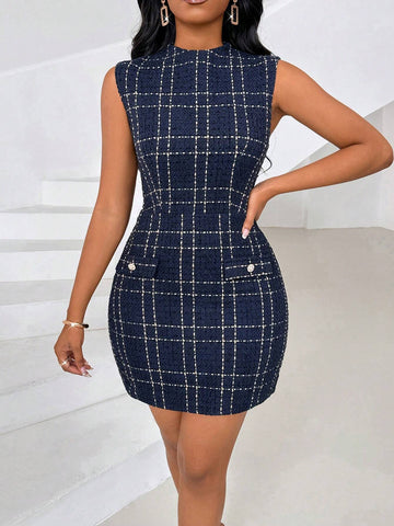 French Plaid Pattern Tweed Sleeveless Bodycon Dress