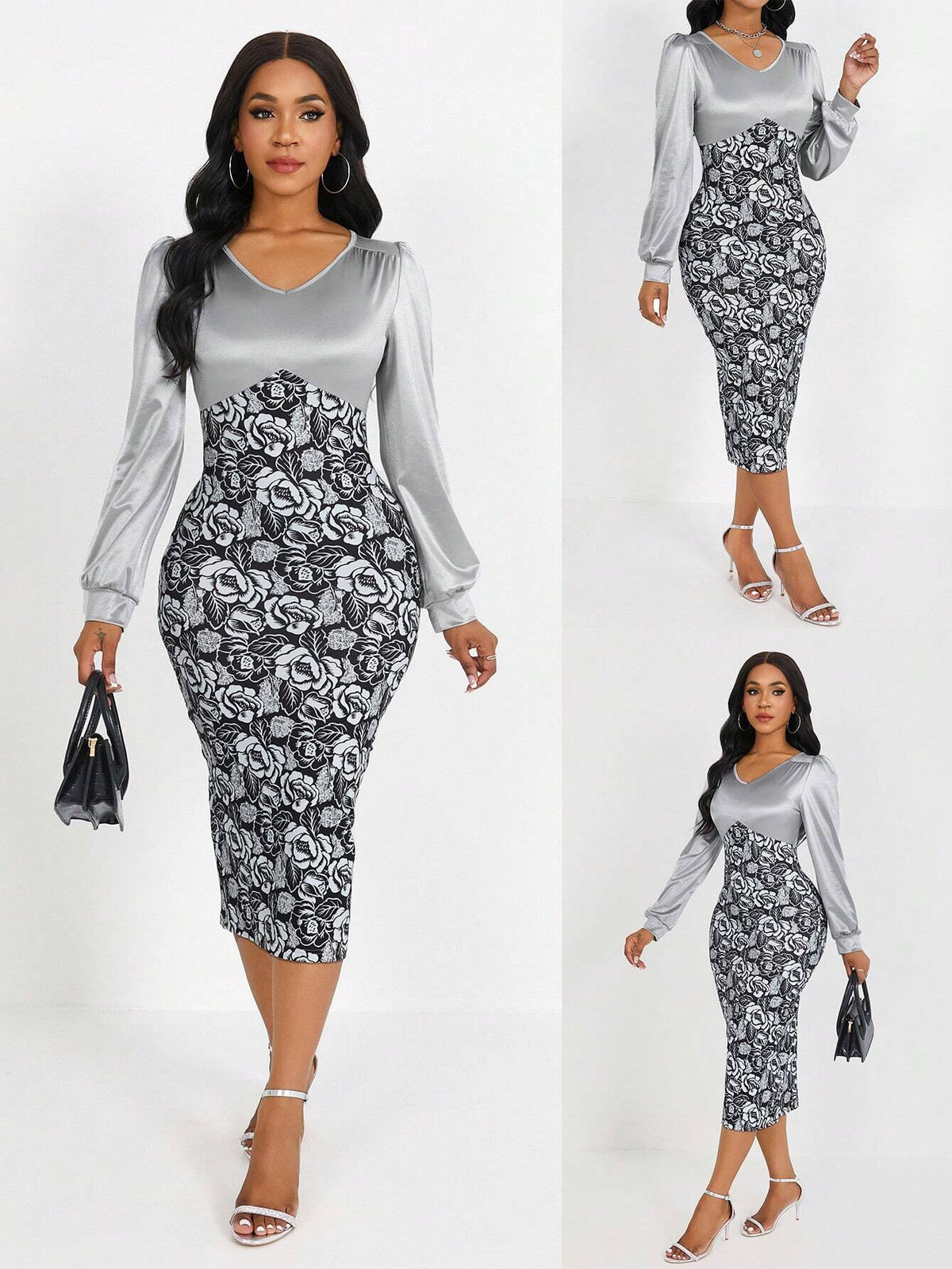 Printed Puff Sleeve Waist Cinched Women Dress