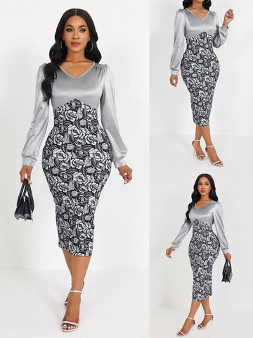 Printed Puff Sleeve Waist Cinched Women Dress