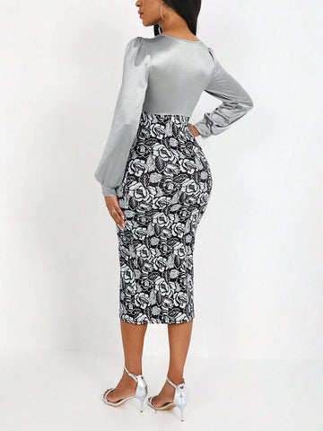 Printed Puff Sleeve Waist Cinched Women Dress