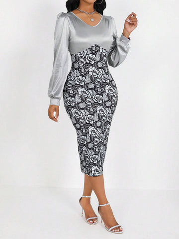 Printed Puff Sleeve Waist Cinched Women Dress