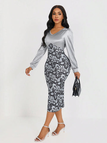 Printed Puff Sleeve Waist Cinched Women Dress
